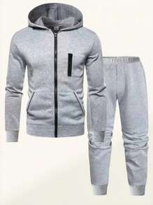 SHEIN 2 件 Tween 男童休闲运动衫运动衫和运动裤套装，适合日常、通勤和运动穿着 - 灰色 - 查看 1