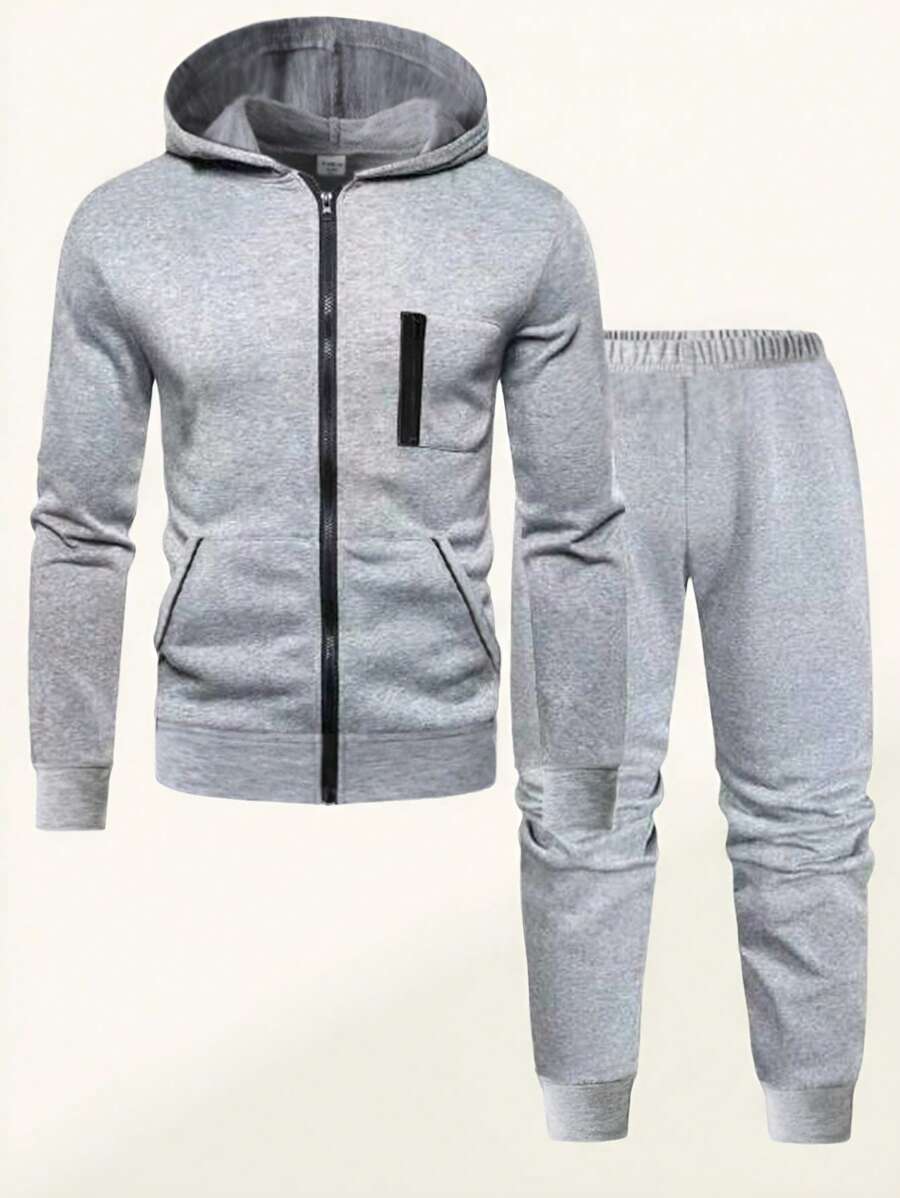 SHEIN 2 件 Tween 男童休闲运动衫运动衫和运动裤套装，适合日常、通勤和运动穿着 - 灰色 - 查看 1