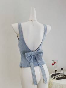 SHEIN MOD Top corto in denim da donna, canotta casual aderente senza maniche e senza schienale, blu
