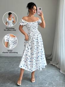 Elenzga Square Neck Waist Cinched Ditsy Floral Elegant Short Dress For Women - Blue and White - View 3