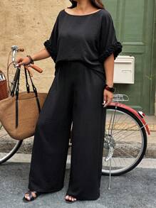 EMERY ROSE Plus Size Women's Solid Color Round Neck Batwing Sleeve Shirt And Wide Leg Pants Casual 2 Pieces Set