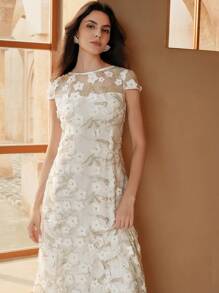 Anewsta 优雅浪漫3D花卉透明腰部合身喇叭形长款约会连衣裙 - 白色 - 查看 6