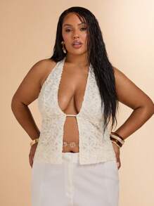 SHEIN BAE Plus Size Women Summer Textured Floral Vacation Beach Top,Cute Tops,Cute Summer Tops,Boho Tops,Vcay Tops, Holiday Outfits,Summer Outfits - Beige - View 5