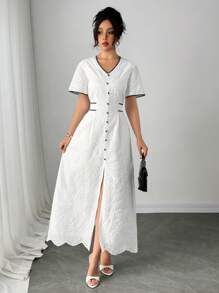 Chiquease Women's V-Neck Embroidered Crochet Colorblock Hem Slit Dress - Black and White - View 1