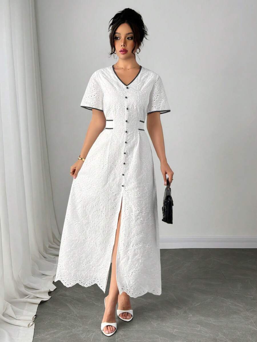 Chiquease Women's V-Neck Embroidered Crochet Colorblock Hem Slit Dress - Black and White - View 1