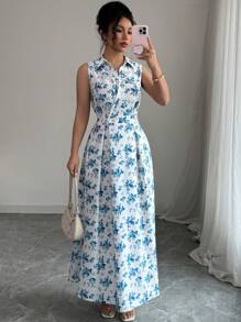 SHEIN LUNE 女式前扣领无袖动物豹纹口袋休闲连衣裙长款女装 - 藍色 - 查看 3