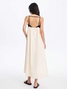 LYSMO Women's Black And White Summer Elegant Vacation Effortless Chic Spaghetti Strap Side Pocket Backless Colorblocked A-Line Maxi Dress, French Style Commute - Black and White - View 2