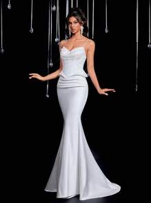 Glamrae Thân áo xếp nếp màu trắng cổ điển sang trọng với thiết kế xương cá, dây đeo chéo sau lưng có thể điều chỉnh, chân váy xếp nếp đuôi cá, phù hợp cho đám cưới, váy dạ hội và những dịp trang trọng - trắng - Xem 2