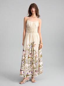 Ontre 2025 Summer Women'sLong Floral Print Ruched Bust Strap Dress, Suitable For June Holidays, Independence Day, St. John's Day, Beach, Vacation, Graduation, Office, Beach Wear, Holiday, Tea Party, Party