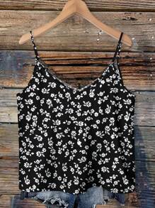 SHEIN VCAY 花卉印花加大码女式撞色蕾丝吊带背心，适合度假 - 黑色 - 查看 2