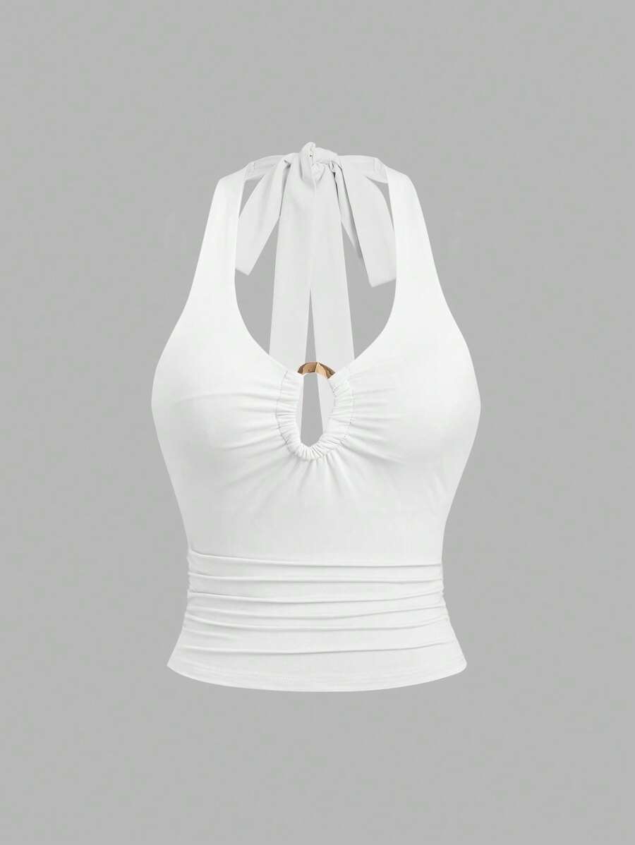 SHEIN Sweetro 复古性感金属扣装饰深V领吊带背心 - 白色 - 查看 1