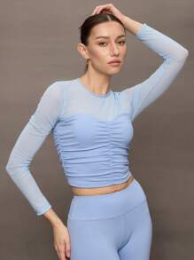Activina Damen einfarbiges Mesh Patchwork Plissee Yoga Langarm T-Shirt - Blau - Übersicht 6