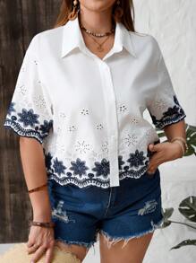 SHEIN VCAY Plus Size Women's Leisure Shirt With Embroidery And Floral Print, Casual Single-Breasted - White - View 6