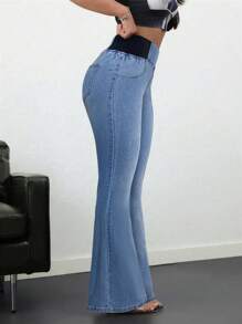 SHEIN Tall 女士牛仔裤休闲紧身弹力喇叭裤蓝色紧身牛仔裤高腰喇叭裤高腰女士牛仔裤夏季