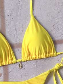 Swim Vcay Solid Triangle Tie Side Bikini Set For Summer Beach Vacation - Yellow - View 4