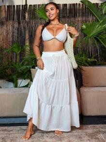 SHEIN Swim Curve Plus Size Women Solid Color Patchwork Multi-Layer Sexy Casual Vacation Beach Skirt Cover Up