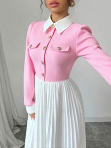 Elenzga Patchwork Button & Pleated Decor Women Dress Fall Cloth For Women