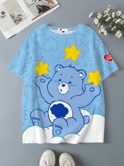 SHEIN X Care Bears 大码卡通熊图案圆领短袖T恤