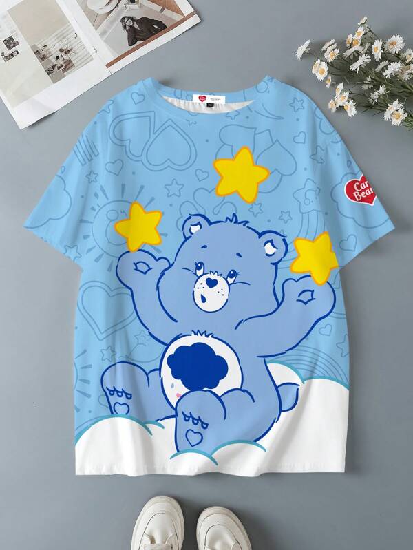 SHEIN X Care Bears Tricou cu mânecă scurtă și guler rotund cu model de ursuleț de desene animate, mărime plus