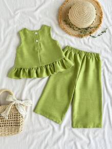 Vintaside Kids 2件套女婴休闲可爱蝴蝶结无袖上衣和裤子套装 - 綠色 - 查看 2