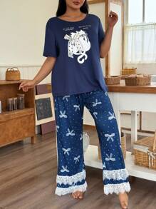 SHEIN Conjunto informal de 2 piezas de pantalones cortos con camisa de manga corta, con lentejuelas en forma de gato, lunares y lazo, de tela de seda de leche suave y confortable, de talla grande y corte holgado
