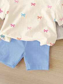 SHEIN Happikins 2pcs/Set Young Girl Casual Minimalist Short Sleeve Shorts Outfit, Suitable For Summer - Multicolor - View 5