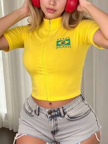 Rovax Áo thun ngắn tay in hình cờ Brazil có khóa kéo phía trước dành cho nữ - Nhiều màu - Xem 3