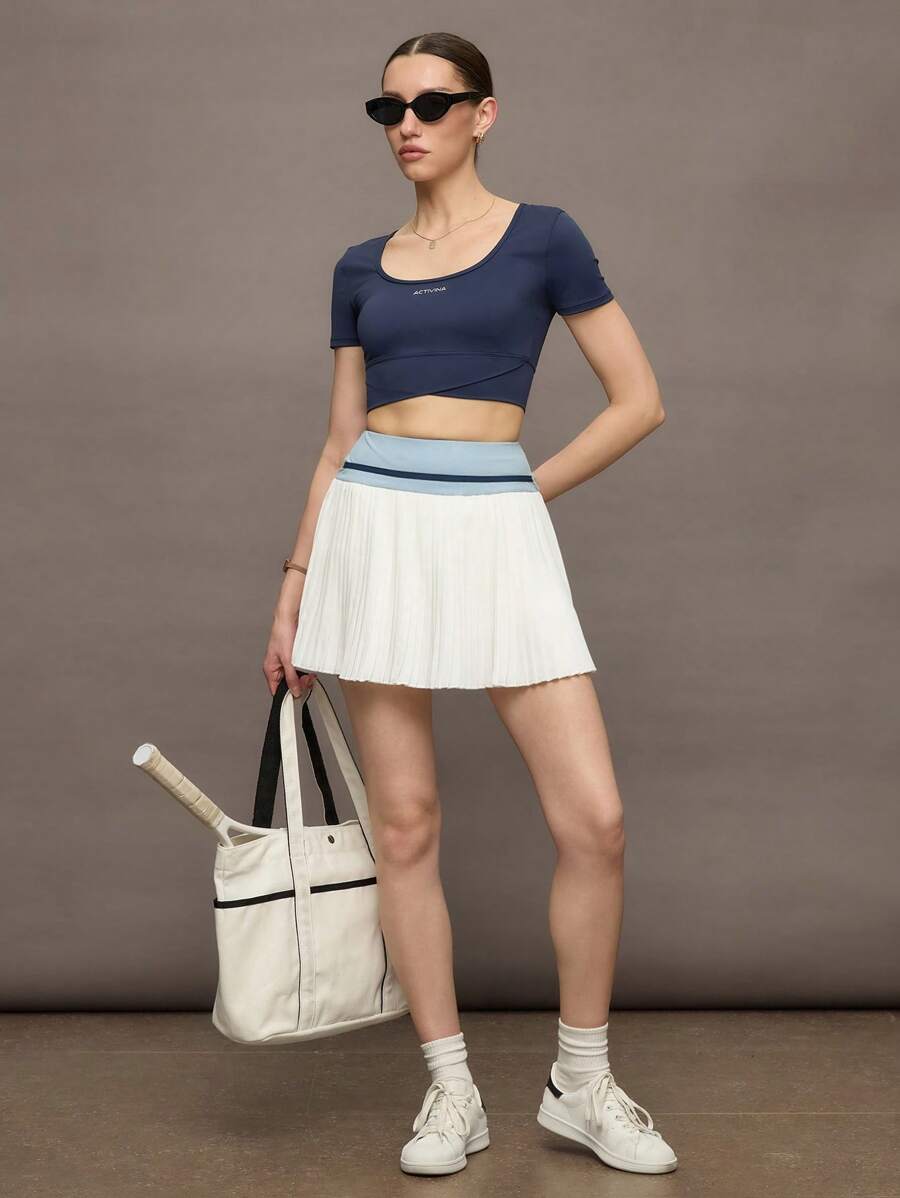 Activina 女式拼色褶皱休闲运动短裙，夏季校园风格 - 霧霾藍 - 查看 1