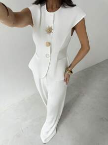 Firerie 女士优雅精致日常通勤时尚金属纽扣装饰泡泡袖修身白色衬衫 - 白色 - 查看 7