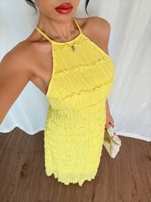 Chiquease Elegantes ärmeloses Neckholder-Sommerkleid mit rückenfreiem Spitzenbesatz, elastisch, hellgelb, für Damen - Hellgelb - Übersicht 6