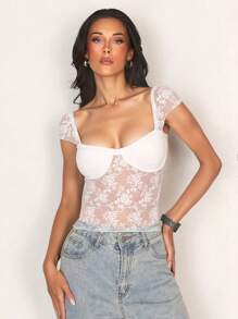 Glamine White Floral Summer Elegant Night Out Sheer Backless Lace Top,Holiday Party Birthday Date Night Crop Tops For Women, Fashion Tops - White - View 1