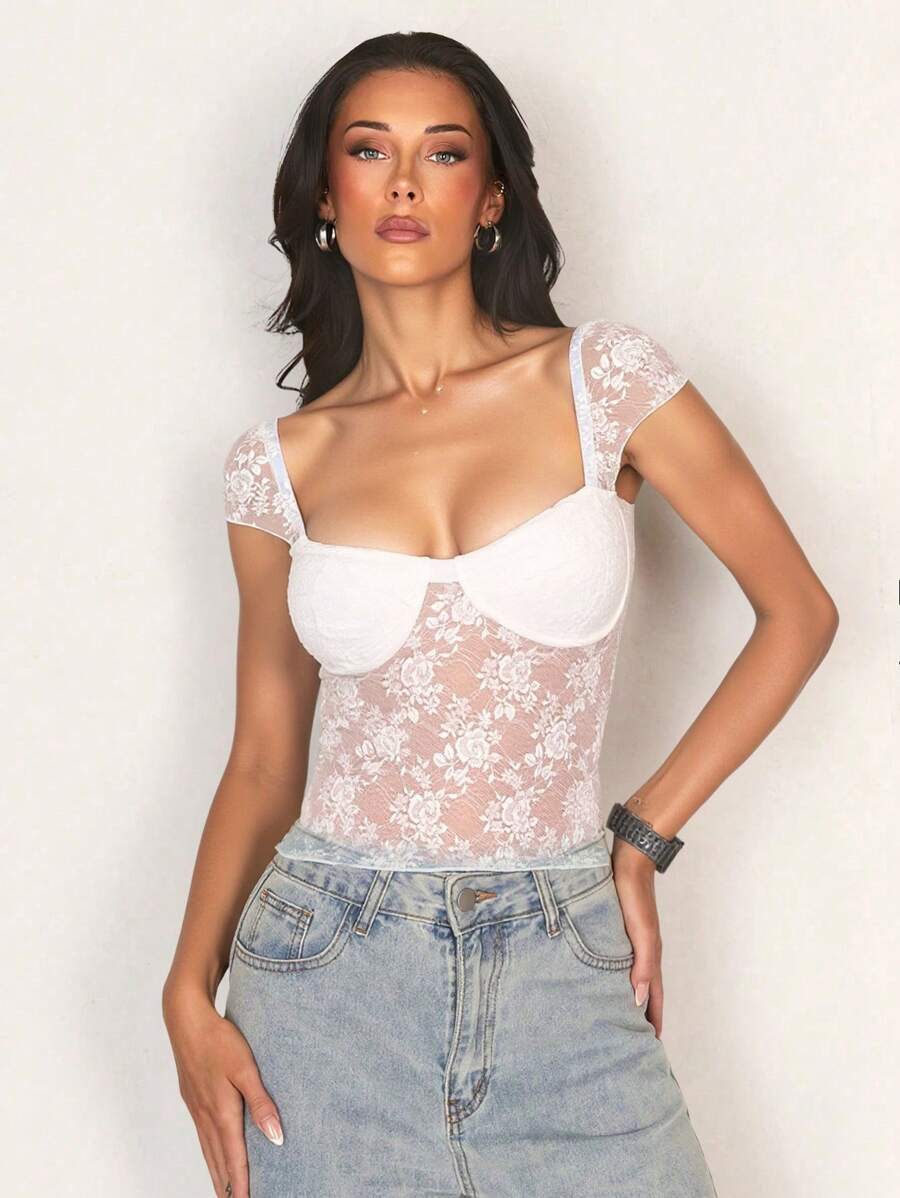 Glamine White Floral Summer Elegant Night Out Sheer Backless Lace Top,Holiday Party Birthday Date Night Crop Tops For Women, Fashion Tops - White - View 1