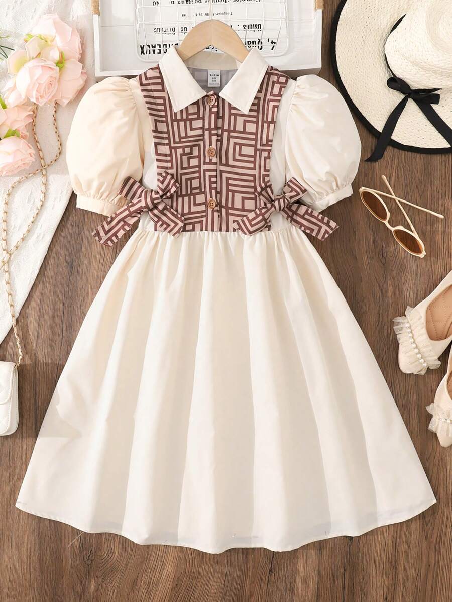 Tween-Mädchen Puffärmel Blumendruck Patchwork Lässiges Minikleid für den Alltag, vielseitig - Aprikosenfarben - Übersicht 1