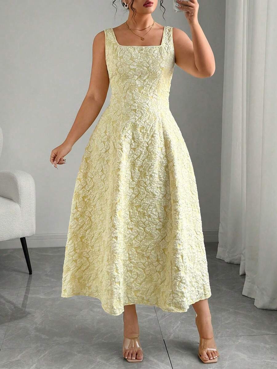 Elenzga Vestido de mujer de talla grande con cuello cuadrado, sin mangas y con textura en relieve - Amarillo - Ver 1