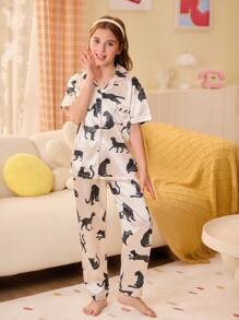 SHEIN 女童仿丝豹纹翻领开衫和裤子睡衣套装，大童 - 米色 - 查看 4