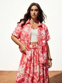 Maija Plus Size Allover Print Short Sleeve Button Down Casual Summer Holiday Shirt