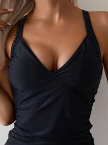 Swim Basics Women V-Neck Sleeveless Camisole With Waist Ruched Modest Casual Simple Beach Resort Bikini 2 Pieces Set