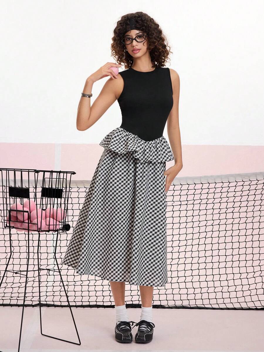 SHEIN MOD Ärmelloses, elegantes Sommerkleid mit schwarz-kontrastierendem Karomuster - Schwarz und Weiss - Übersicht 1