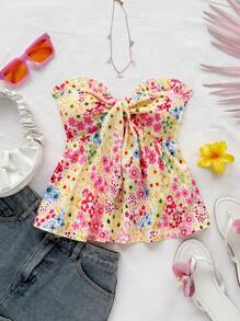 Soleia 女士度假浪漫碎花荷叶边系带蝴蝶结露脐吊带背心 - 彩色 - 查看 5