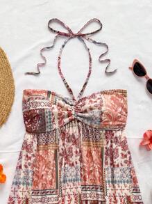 Soleia Đầm hở lưng mini in họa tiết nhiều màu sắc thời trang, buộc dây phía trước, eo xếp nếp, trang phục lễ hội âm nhạc - Nhiều màu - Xem 6