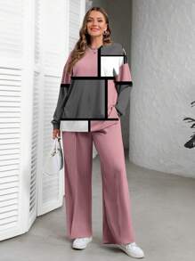 EMERY ROSE Casual Minimalist Full-Print Plus Size Hoodie Set, Spring & Autumn - White - View 5