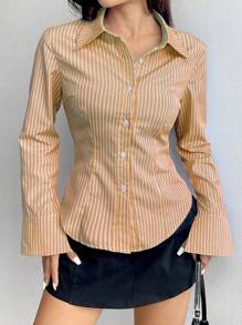 Flirla Women's Long Sleeve Single-Breasted Casual Fitted Striped Shirt - Orange - View 6