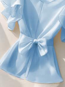 Franclia 女士优雅束腰蝴蝶结领盖袖衬衫 - 藍色 - 查看 4