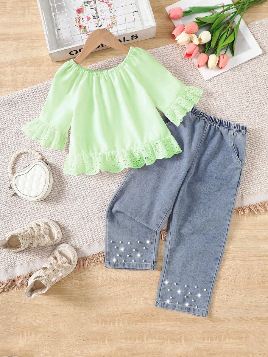 SHEIN 2pcs/Set Tween GirlsSweet Ruffle Trim Off Shoulder Blouse And Pearls Decor Denim Pants, Suitable For Summer Casual Outfit - Green - View 1