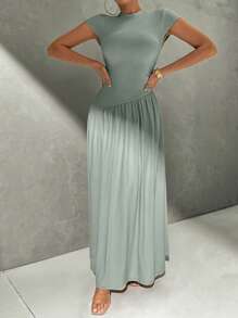 Firerie 优雅日常穿着简约纯色短袖合身立领不对称A字腰长裙 - 薄荷綠 - 查看 6