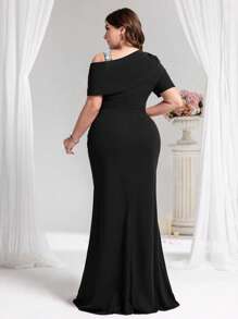 Coutiva Plus Size Asymmetrical Beaded Embellished Formal Evening Gown, Party Dress, For Wedding Guest
