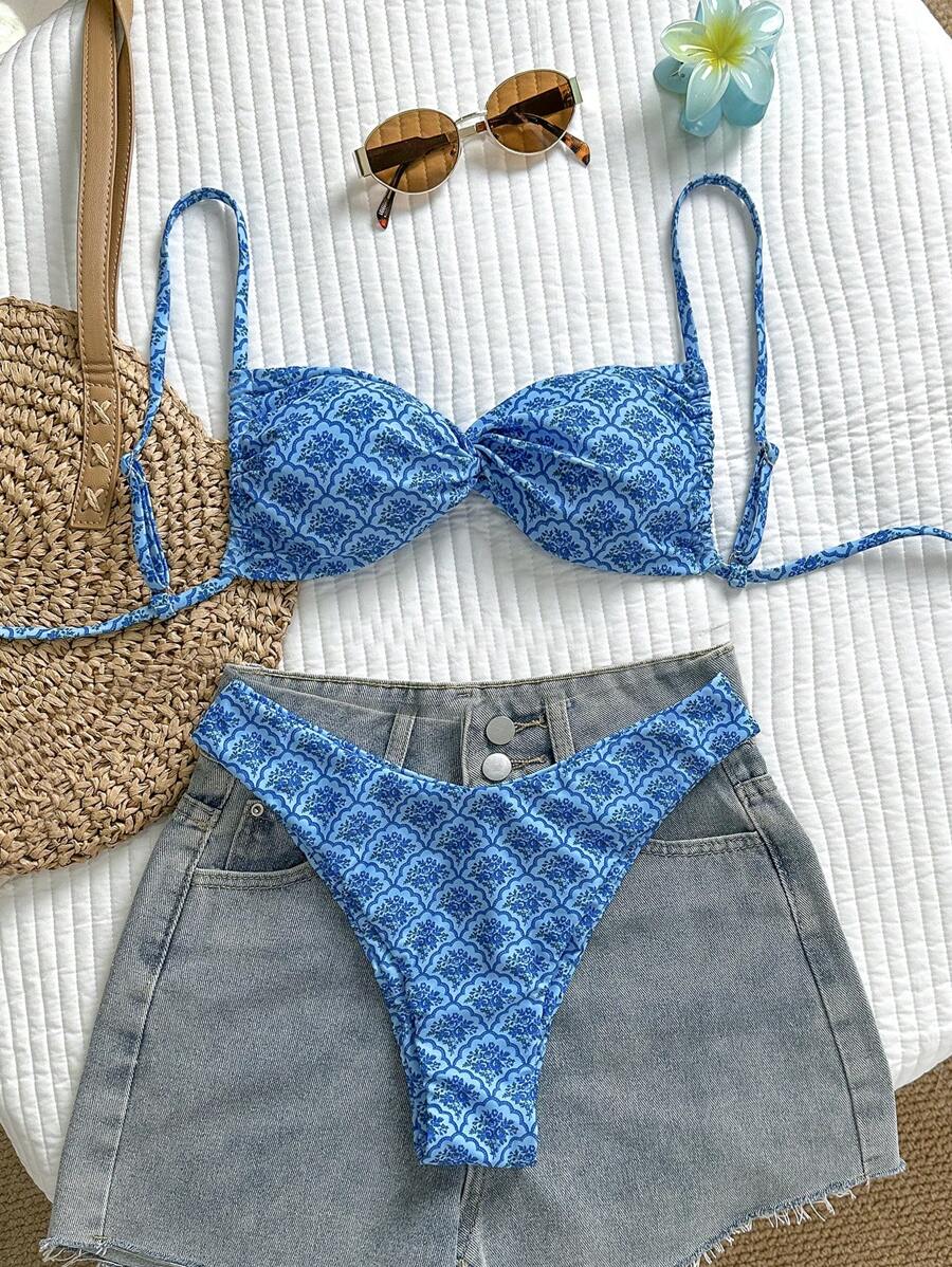 Swim Mod Springbreak Women Printed Spaghetti Strap Twisted High Cut Sexy Bikini Set, Beachwear Summer Outfits - Multicolor - View 1