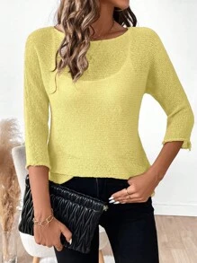 SHEIN LUNE Women's Casual Solid Color Scoop Neck 3/4 Sleeve Sweater Knit Pullover Fall Winter - Butter Yellow - View 3