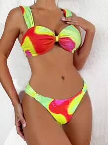 SHEIN Swim مجموعة بيكيني مكونة من 3 قطع مع طباعة صبغة التايدي المثيرة للنساء، لإطلالة على الشاطئ - متعدد الألوان - مشاهدة 4