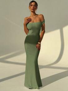 Aloruh 婚礼季节白色露肩褶饰性感紧身美人鱼长裙 - 綠色 - 查看 7
